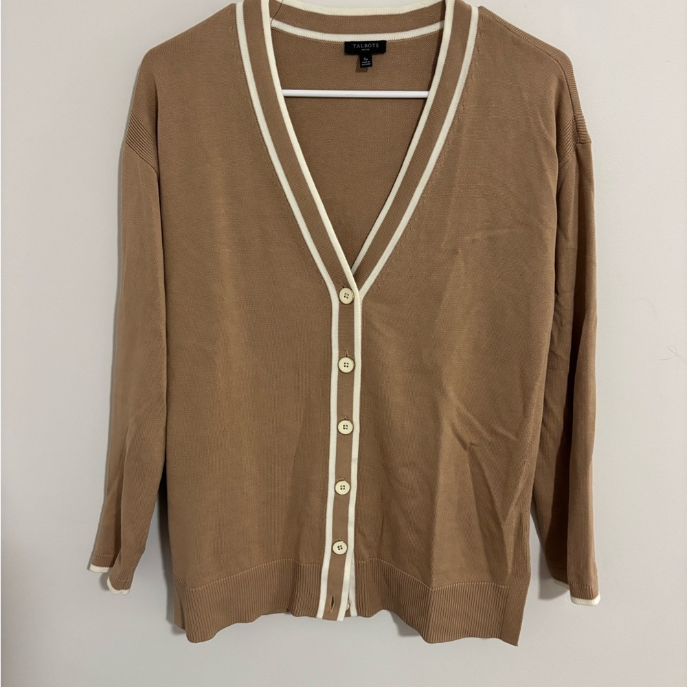 Talbots Brown Cardigan with Cream Trim Like New Size Small P